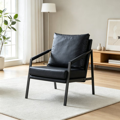 Fauteuil d'appoint moderne en similicuir, fauteuil rembourré simple avec structure en métal noir robuste, fauteuil de lecture industriel pour le salon, la chambre, la salle d'attente et le bureau, noir