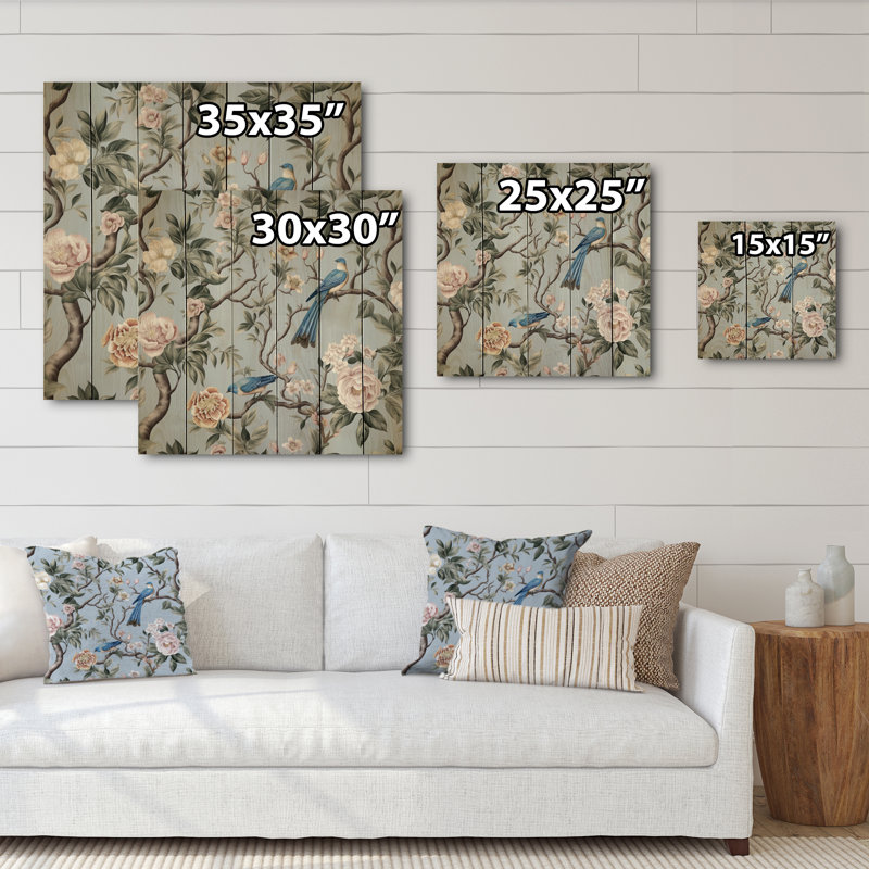 Oiseau minimaniste sur fond de fleurs, imprimé sur bois, H 35 po x l 35 po x P 0,78 po