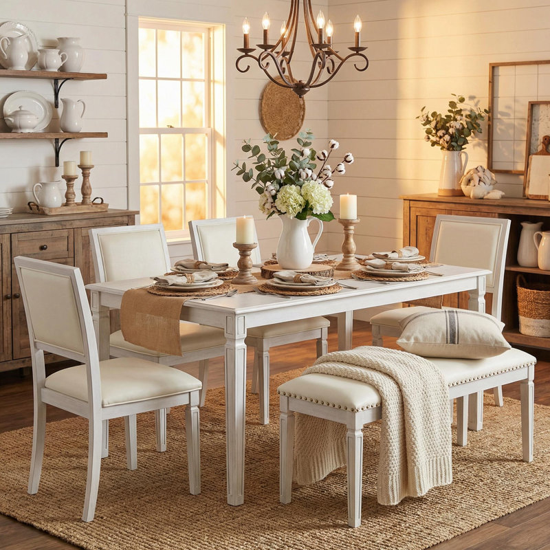 Vintage Extendable 6-Piece Dining Set with 4 Chairs and Bench, White