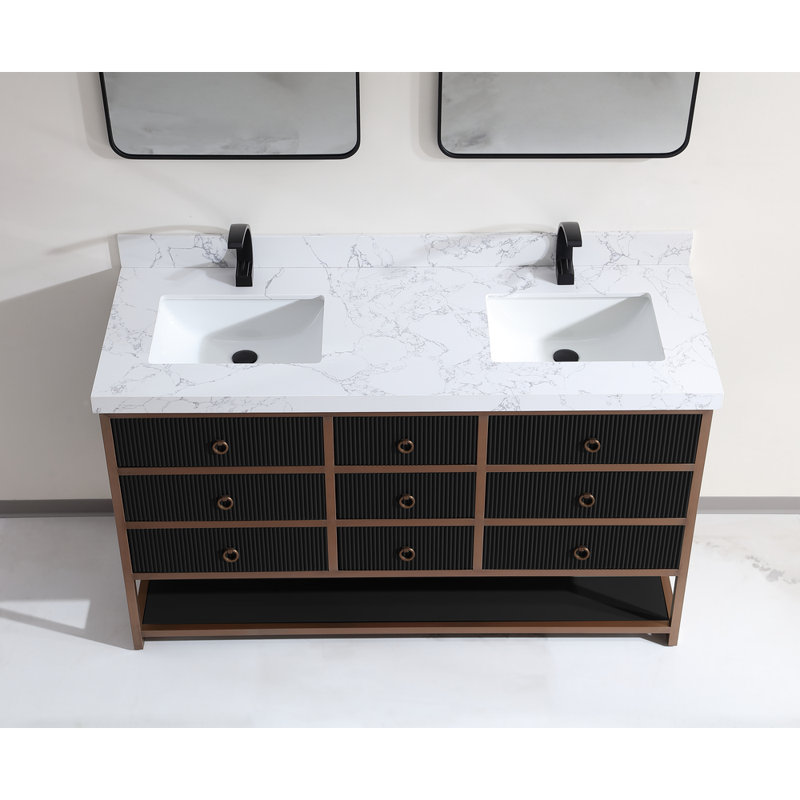 72" Double Vanity With Golden Brush Stainless Steel Frame And Tricorn Black Finish With 2' Thick Black Natual Stone Top, 60"