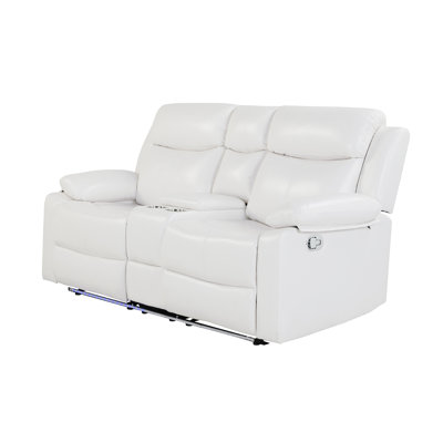 Blanc, lumières à DEL, haut-parleurs, inclinaison manuelle, console avec porte-gobelets, accoudoirs coussinés, look contemporain, siège mi-ferme, revêtement en similicuir dans le salon principal style deux, espace