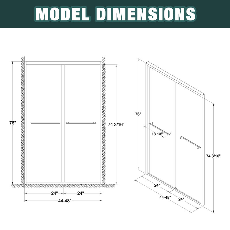 44-48"X76" Aluminum Frame Double Sliding Shower Door,Bypass Bathroom Sliding Door With Premium 1/4" (6Mm) Clear Tempered Glass, Black Hardware Sliding Glass Shower Enclosure,Matte Black Finished