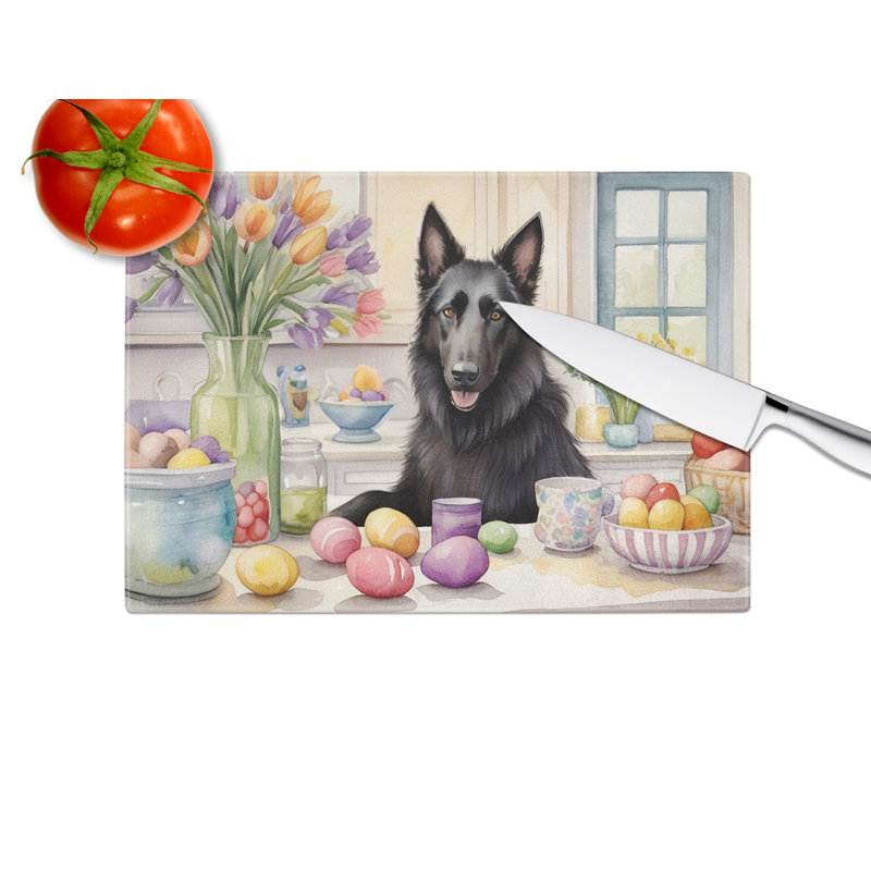 Decorating Easter Belgian Sheepdog Glass Cutting Board