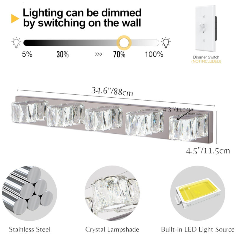 Crystal Dimmable Bathroom Vanity Light, 5 Lights