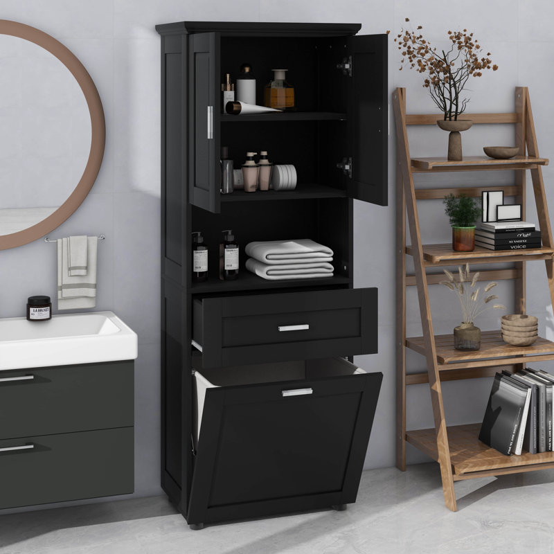 Armoire de salle de bain haute avec portes de panier à linge intégrées et section de rangement ouverte supérieure, Noir