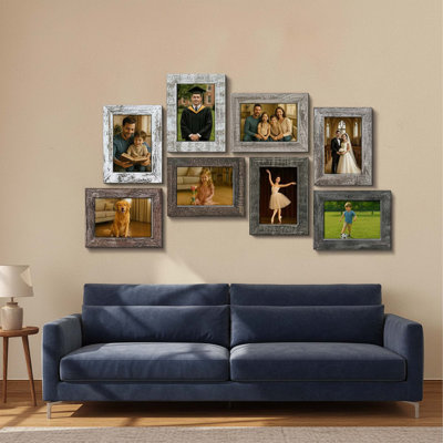 4x6 Picture Frame Set Of 8, Rustic Farmhouse Industrial Style, Real Glass, Tabletop Or Wall Display