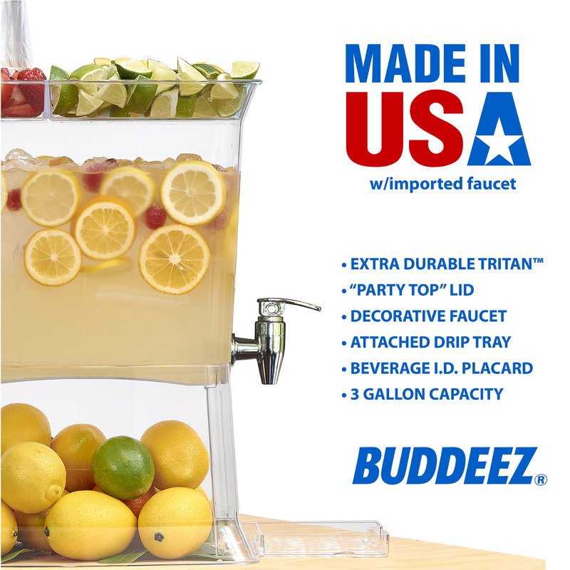 Buddeez Break Resistant 3 Gallon Tritan (Tm) Beverage Dispenser With Party Top Lid And Drip Tray