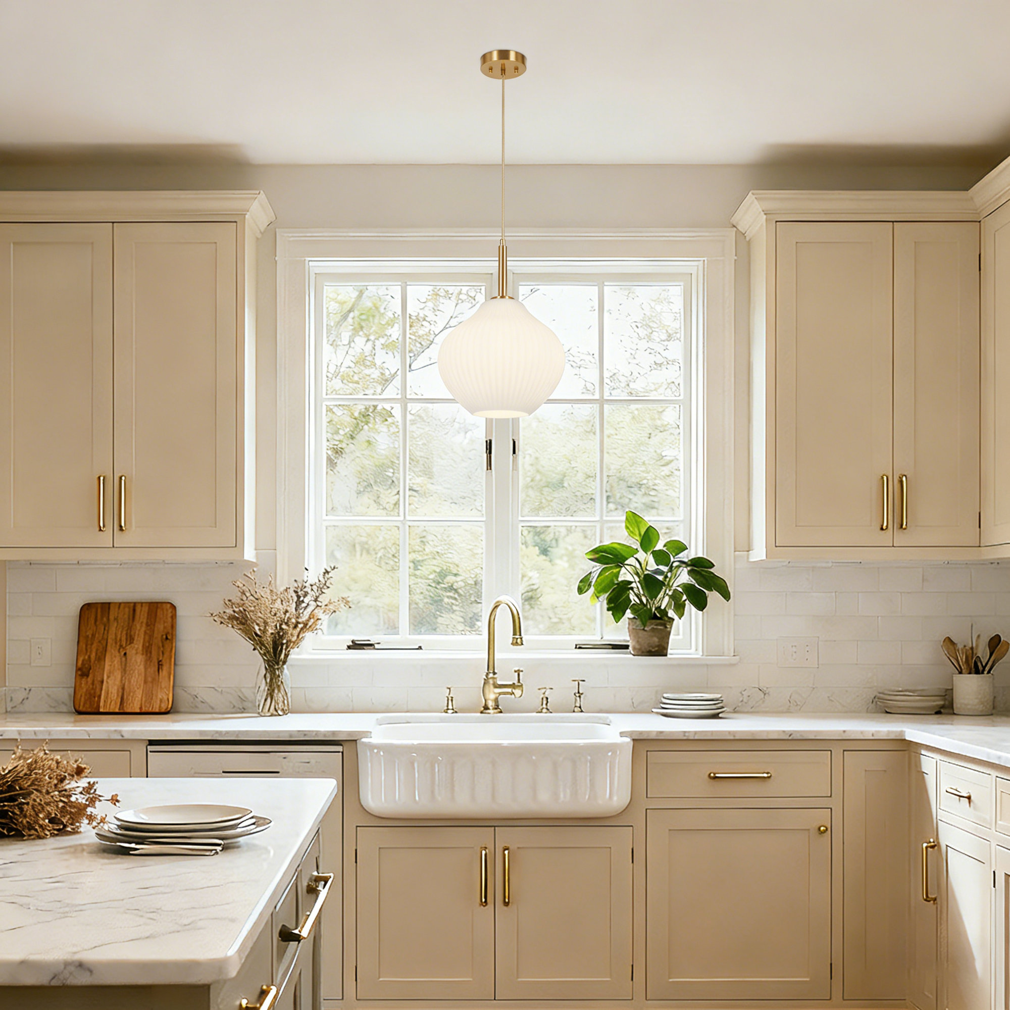 1- Light Modern Ribbed Glass Pendant Light, Polished Brass
