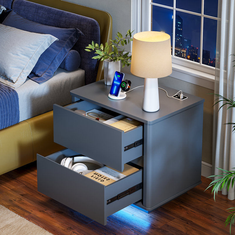Modern Style Wooden Nightstand With Body Sensor Light And Two Drawers, Gray