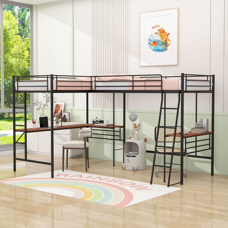 Lit mezzanine simple en métal avec deux bureaux et échelle intégrés