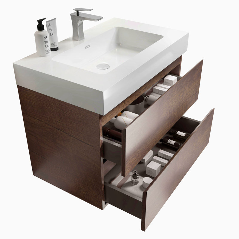 Meuble-lavabo mural simple de 30 po avec comptoir à surface solide avec trop-plein, pré-assemblé, Noyer, 30", Blanc