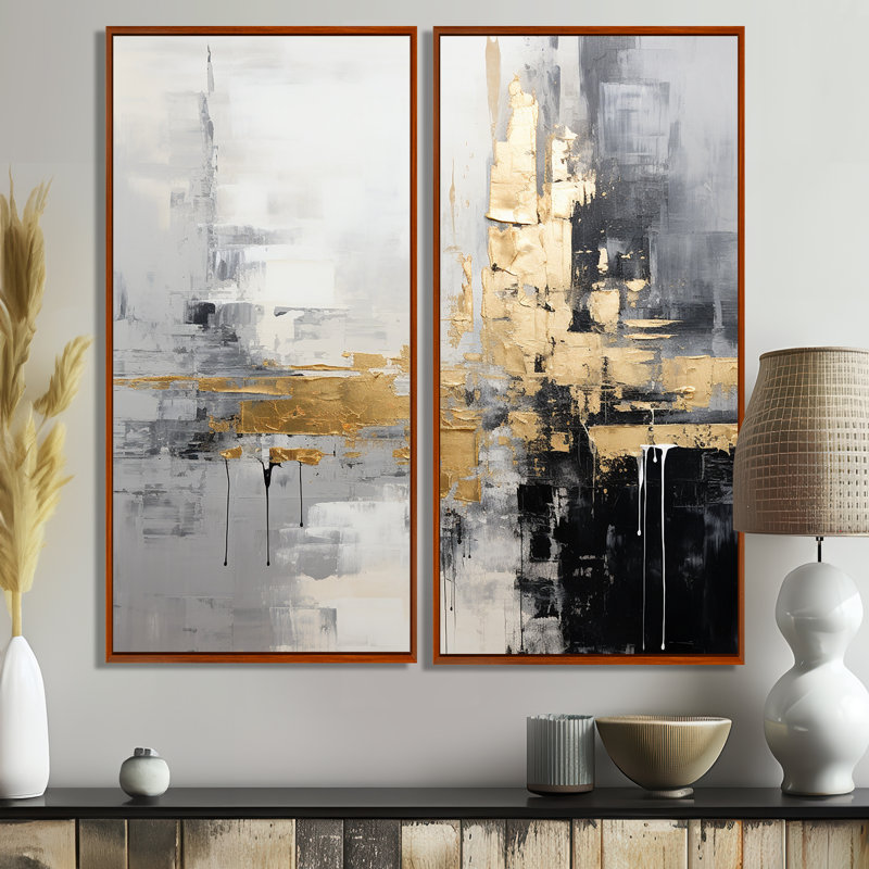 Or, ville dorée, blanc, gris, noir - Grandes impressions sur toile abstraites, 20" H x 24" W, Impression encadrée flottante