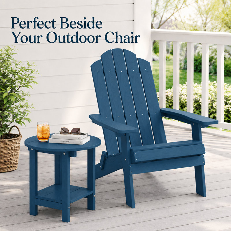 18" W x 18'' D HIPS Round Outdoor Side Table for Adirondack Chairs, 2-Tier Storage Easy Maintenance & Weather-Resistant Patio End Table with 330Lbs Load Bearing for Backyard, Pool, Patio, Porch, Garden, Lawn, Relaxing Companion, Navy Blue