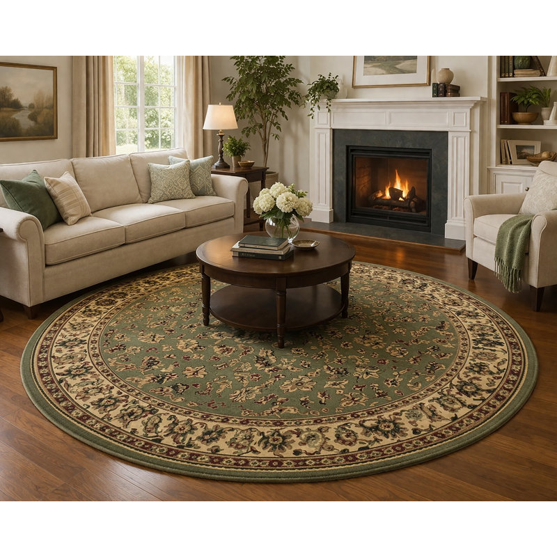 Safira Green Sage Traditional Floral Indoor Area Rug, Round 5'3"
