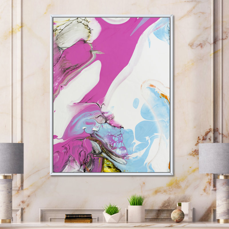 Rose, bleu et jaune liquide Art IV - peinture sur toile, Cadre flottant blanc, H 32 po x l 24 po x P 1 po