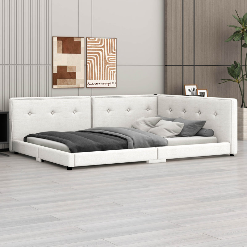 Grand lit plateforme tapissier beige avec port USB, Grand lit