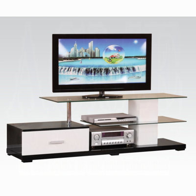 Ivana Contemporary White & Black TV Stand With Glass Shelves, Drawer & Open Storage For 60" Tvs