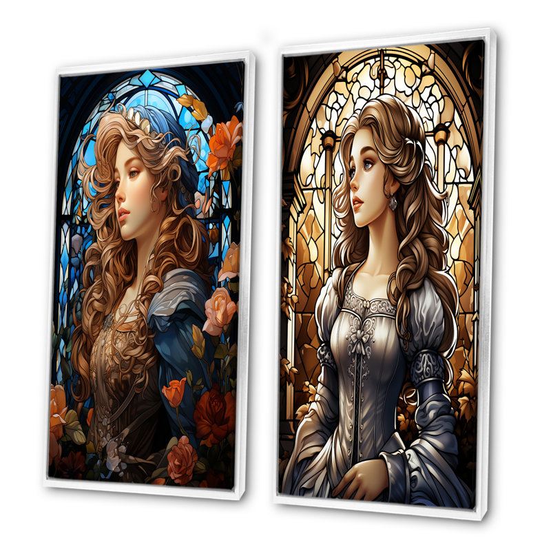 Vitrail bleu Cendrillon I - femme, ensemble de 2 reproductions de toiles abstraites, Cadre flottant blanc, H 32 po x l 33 po