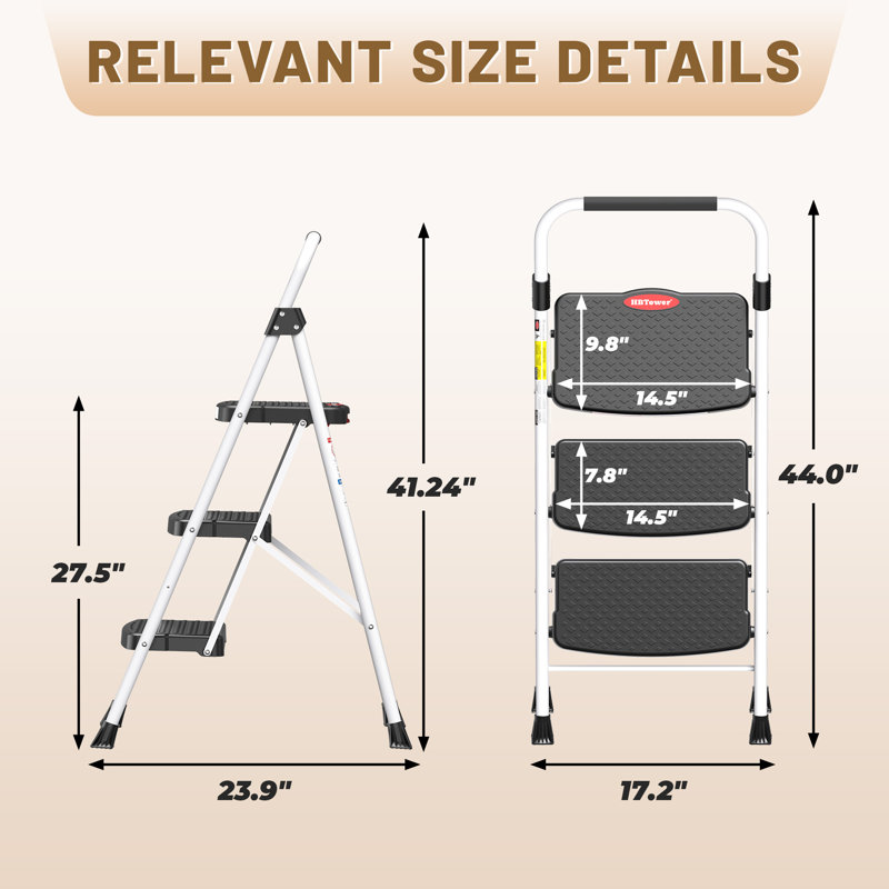 Escabeau portatif à 3 marches – Structure robuste en acier avec verrouillage rapide, capacité de charge de 150 kg, conception pliable et légère avec poignée intégrée, blanc