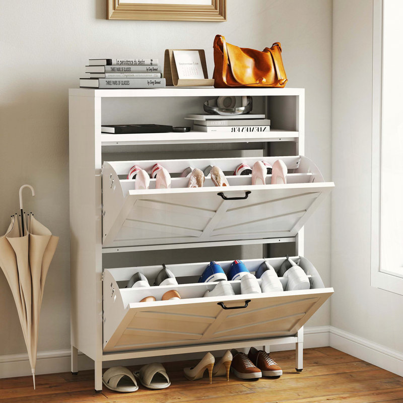 White Metal Shoe Cabinet with Flip Drawers