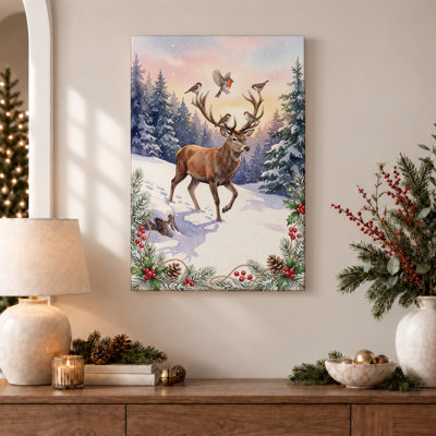Brown Deer with Birds on Antlers in Snowy Forest Christmas Canvas Wall Art