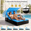 Chaise longue d'extérieur à structure en acier contemporaine avec dossier réglable, lit de jour double pour patio, auvent incurvé, table d'appoint pour terrasse de piscine dans la cour arrière-129692274