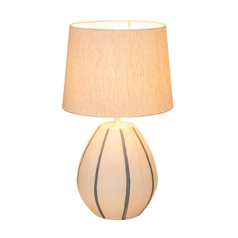Lampe de table en grès Paloma avec rayures bleues peintes à la main et abat-jour en lin