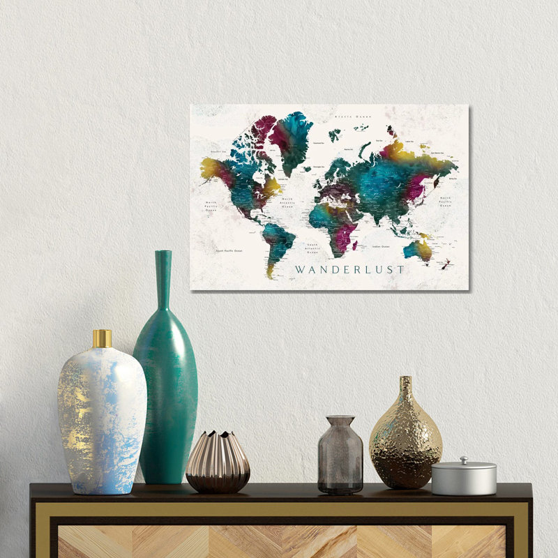Wanderlust Charleena Detailed Watercolor World Map With Cities by Blursbyai - Gallery-Wrapped Canvas Giclée on Canvas, Canvas
