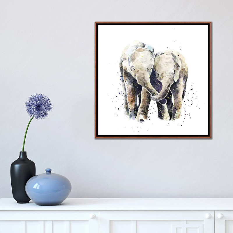 Deux éléphants par EdsWatercolours - impression, Toile avec cadre en bois brun classique, Pas de tapis