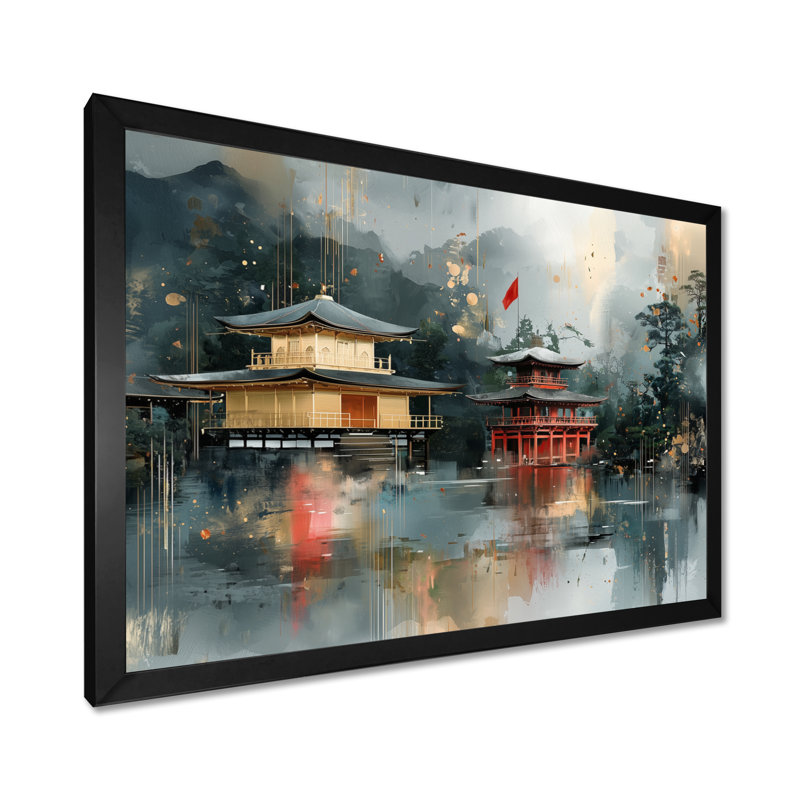 Modern Japan Kyoto Temples II - Japan Large Wall Art, Single Picture Framed Print, Black, 12" H x 20" W