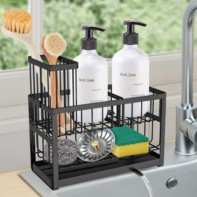 Sink Caddy Organizer: Stainless Steel Kitchen Utensil Holder With Brush Stand, Soap Dispenser & Drain Tray