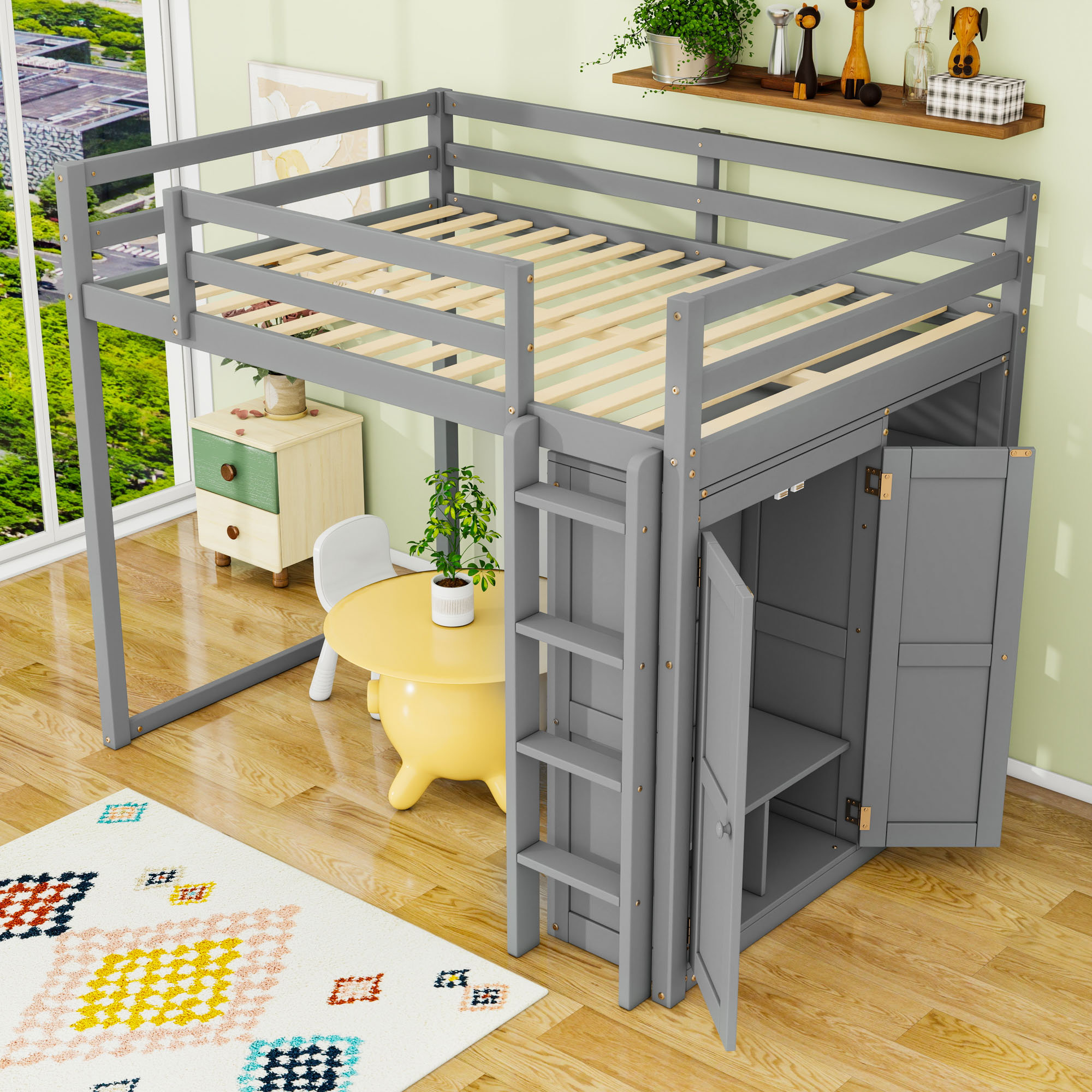 Harriet Bee Full Wood Loft Bed With Built-In Wardrobe And Shelves And ...