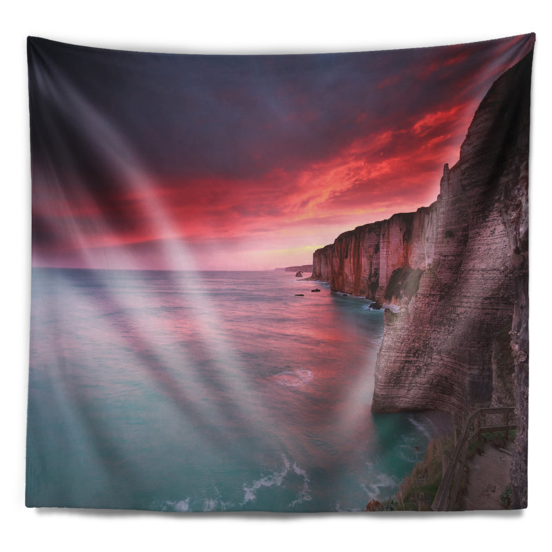Photo de plage, lever de soleil spectaculaire sur la mer et tapisserie des falaises, H 68 po x l 80 po