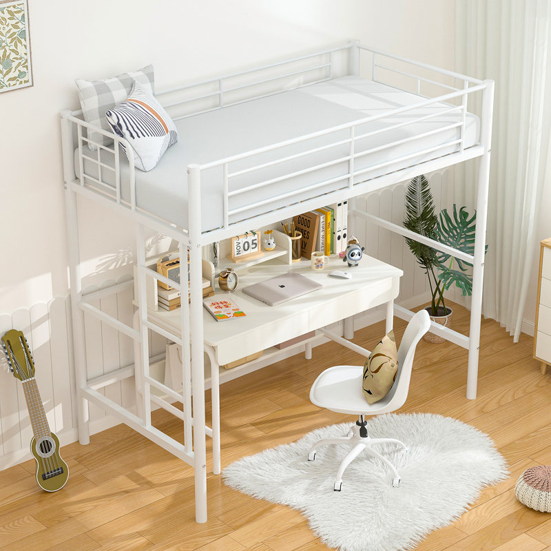 Metal Single Size Loft Bed, Metal Bed Frame with Removable Ladder and Safety Guardrail, Space Saving, White
