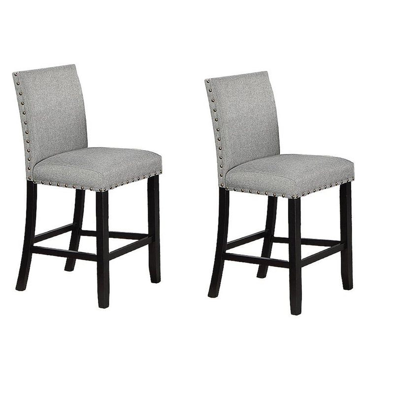 Sie 24 Inch Counter Height Chairs, Set of 2, Nailhead Trim, Gray Fabric, Black Wood