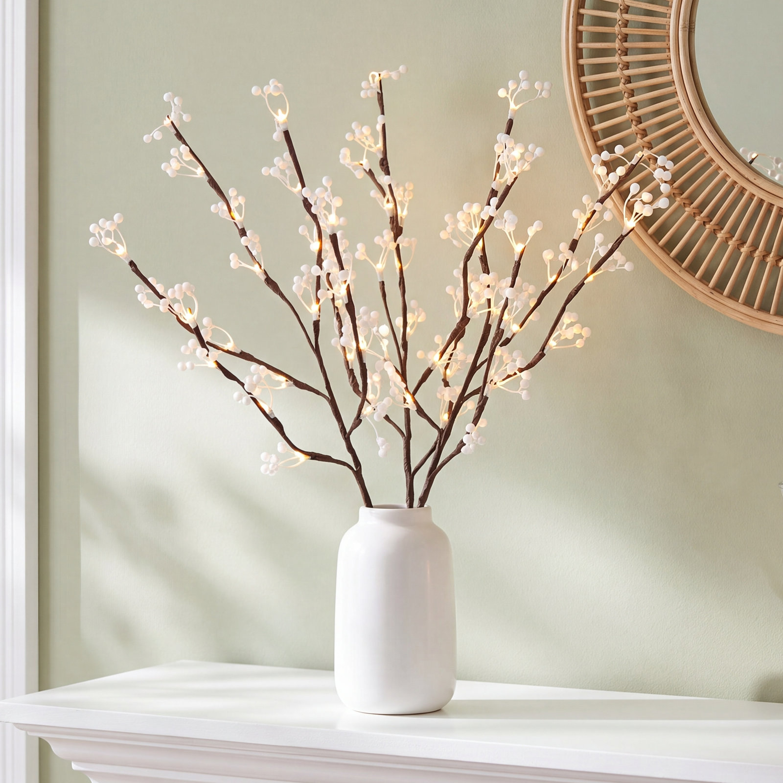 Lighted Brown Branch Set with White Berries