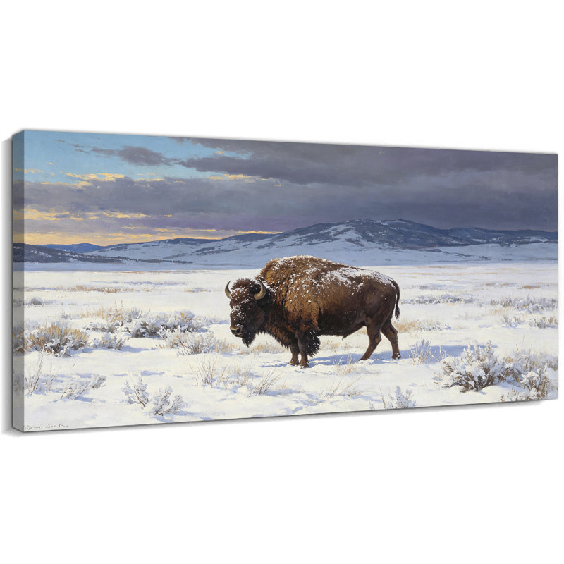 Tableau sur toile représentant un bison en hiver, paysage rustique enneigé de montagne, style rétro, idéal pour le salon, la chambre ou le bureau. Dimensions : 40 x 80 cm (16 x 32 pouces).