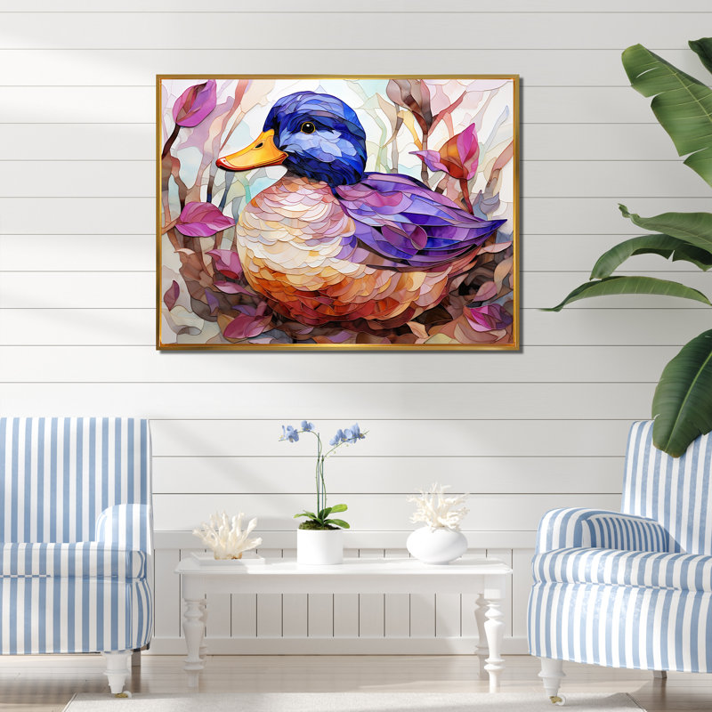Canard beige et mauve dans un pré - art mural canard, Cadre flottant doré, H 34 po x l 44 po x P 1,5 po