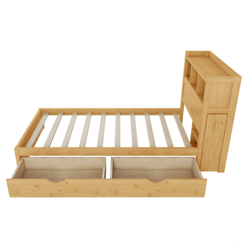 Lit plateforme en bois avec tiroirs avec tête de lit et lumière DEL, Lit simple, Naturel