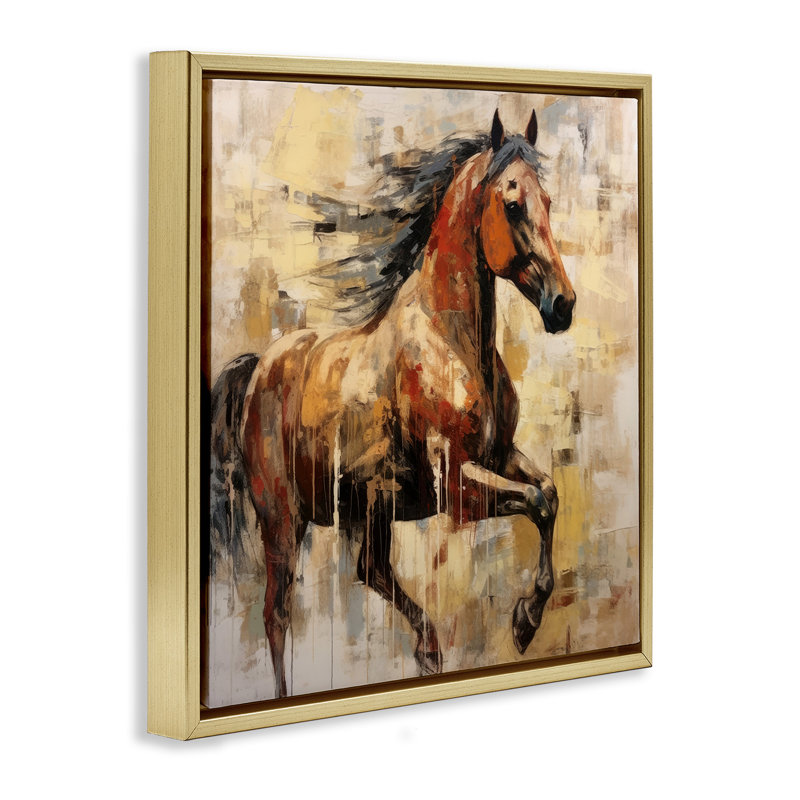 Cheval brun moderne, H 25 po x l 25 po, Cadre flottant métallique doré