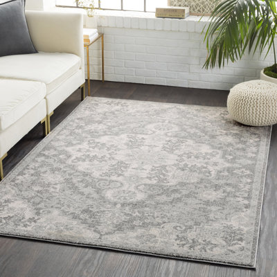Charcoal Traditional Rug, Bordered Floral Stain Resistant Easy to Clean Rug For Living Room, Dining Room, Bedroom