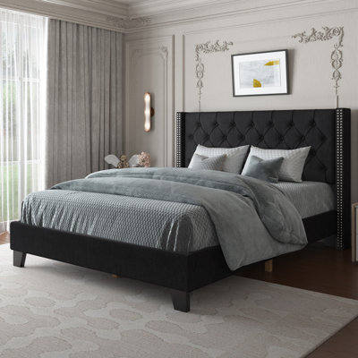 Solid Wood Platform Bed Frame with Diamond & Nailhead Trim Wingback