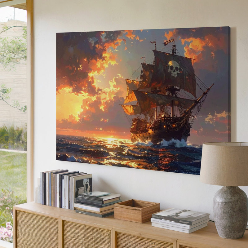 Toile sur toile, bateau pirate au coucher du soleil, H 20 po x l 20 po