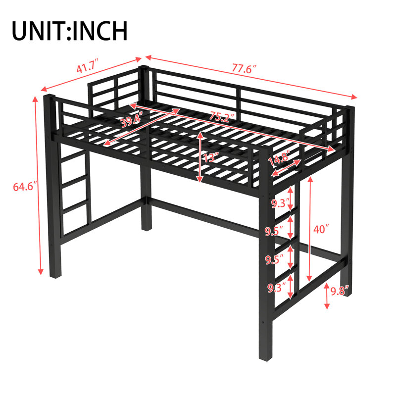 Twin Size Metal Loft Bed, Loft Bed with Easy Climbing Ladder and Guardrails , Black, Twin