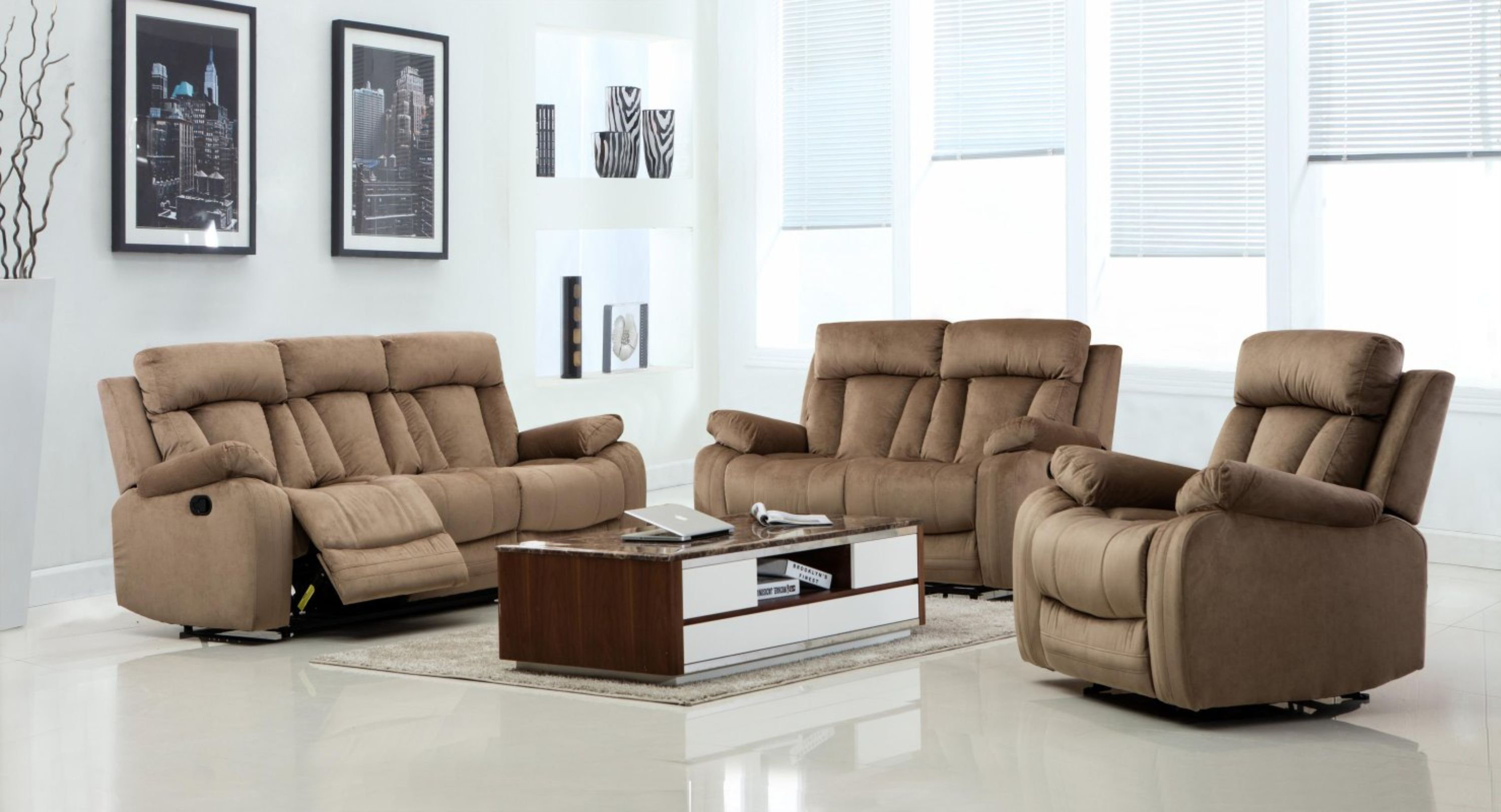 Three Piece Indoor Brown Microsuede Six Person Seating Set Three Piece Indoor Brown Microsuede Six Person Seating Set