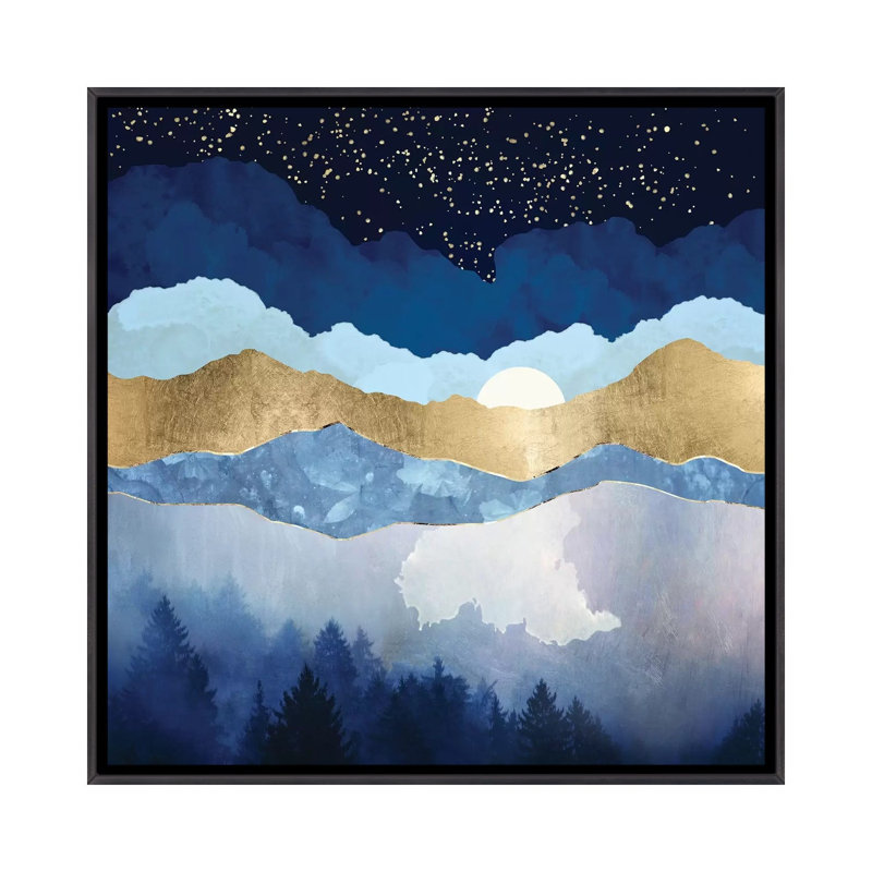 Forêt de minuit - impression, Pas de tapis, H 18 po x l 18 po x 1,5 po, Toile avec cadre noir patiné