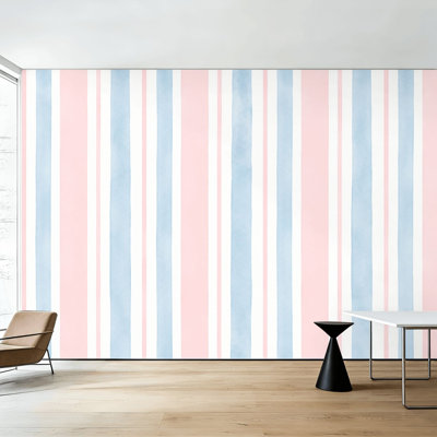 Papier peint adhésif à rayures verticales aquarelle rose et bleu pastel H 100 po x l 144 po, papier peint amovible en PVC, adhésif mural pour chambre à coucher, bureau à domicile