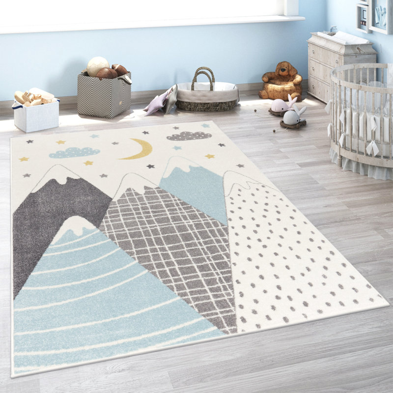 Tapis en polypropylène tissé à la machine, Rectangle 2 pi 8 po x 4 pi 11 po, Bleu / gris / crème