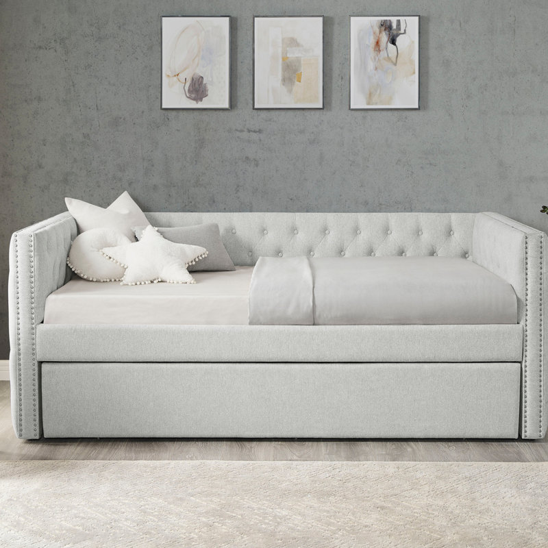 Luxurious 1Pc Modern Daybed Button Tufted Nailhead Trim Bedroom Living Room Furniture Dove