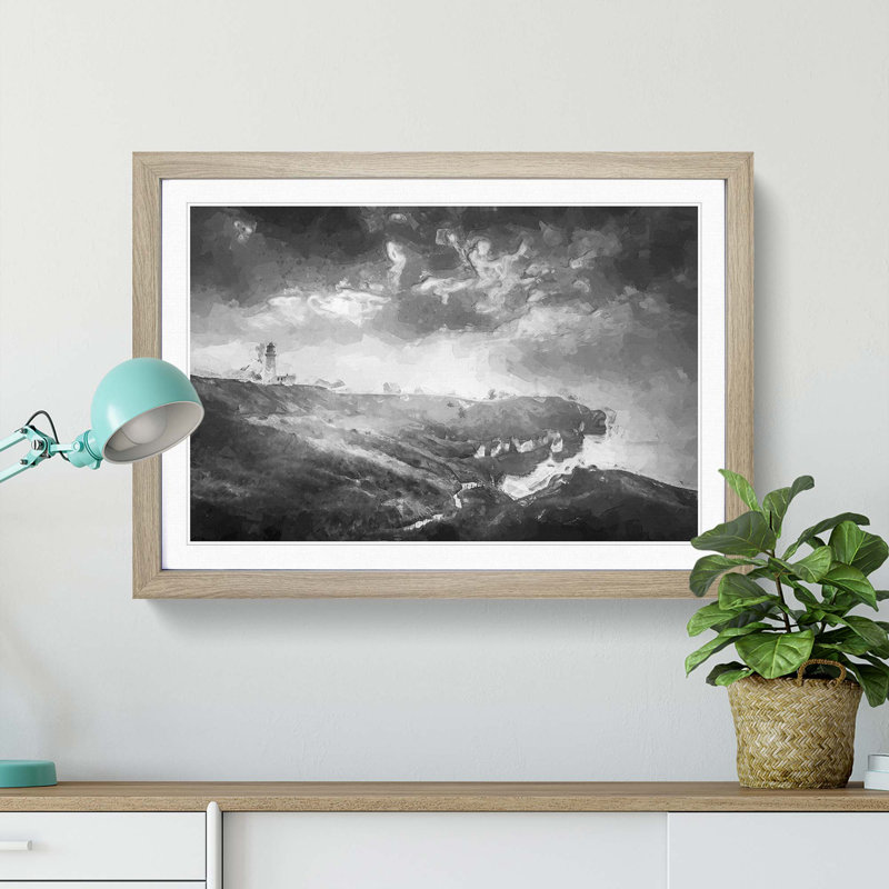Moody Lighthouse and Seascape - Picture Frame Graphic Art Print, Oak Framed, 48cm H x 65cm W x 2cm D